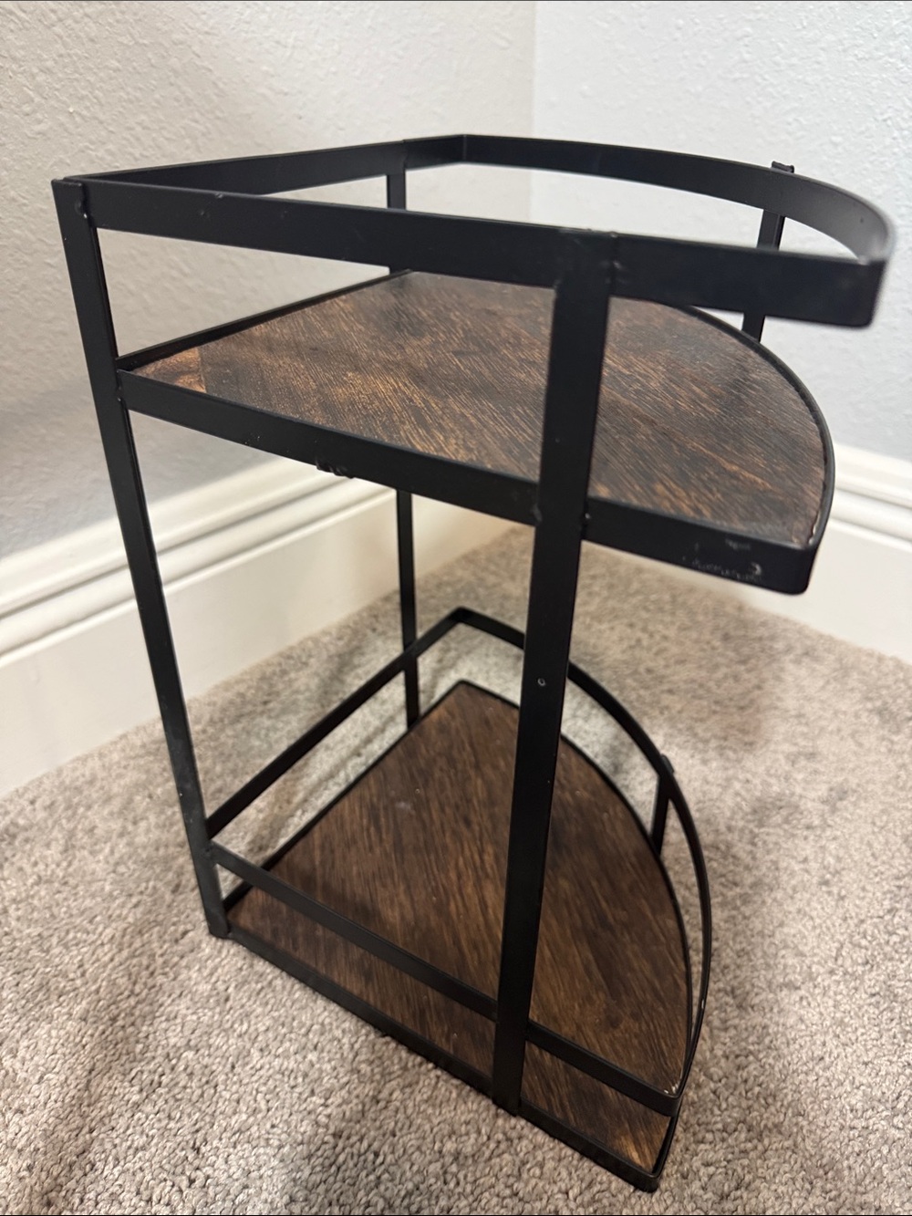 Two-Tier Corner Shelf with Black Metal Frame and Wood Tones - Picture 2 of 6
